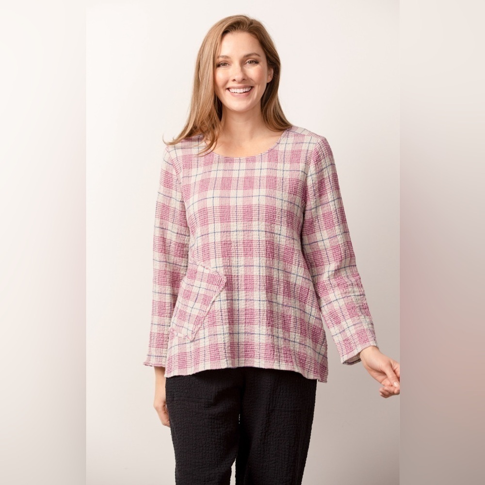 New Habitat Clothes to Live Sz Md Purple Plaid Pocket Pull Over Mulberry Top